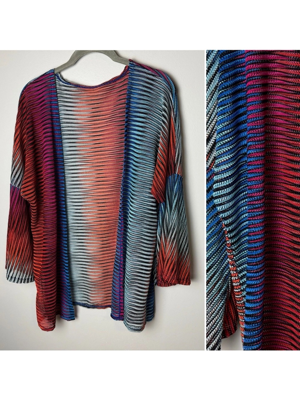 Colorful Open Knit Cardigan Size XL Boho Striped Draped Artsy Sweater Top